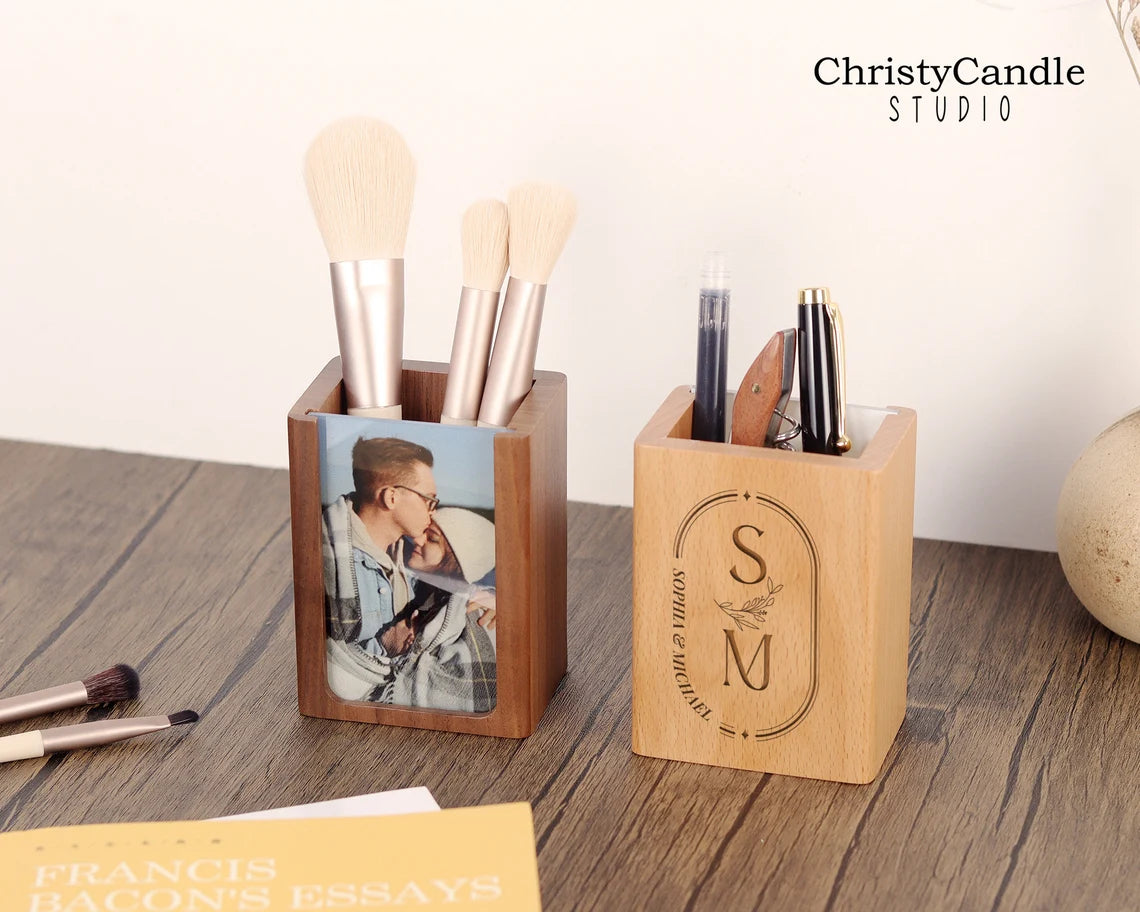 Personalized Pen Holder With Photo Frame - Pen Holder With Phone Stand, Wood Desk Organizer, Custom Office Gifts, Father's Day Gifts Cambodia