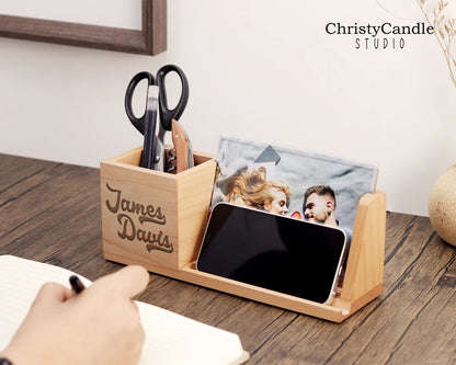 Personalized Pen Holder With Photo Frame - Pen Holder With Phone Stand, Wood Desk Organizer, Custom Office Gifts, Father's Day Gifts Cambodia