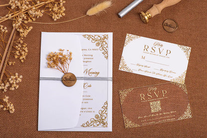 Vintage Acrylic Wedding Invitations, Gold Foil Clear Wedding Invitation with RSVP Set, Quinceanera Invitations, Custom Invitation Cambodia