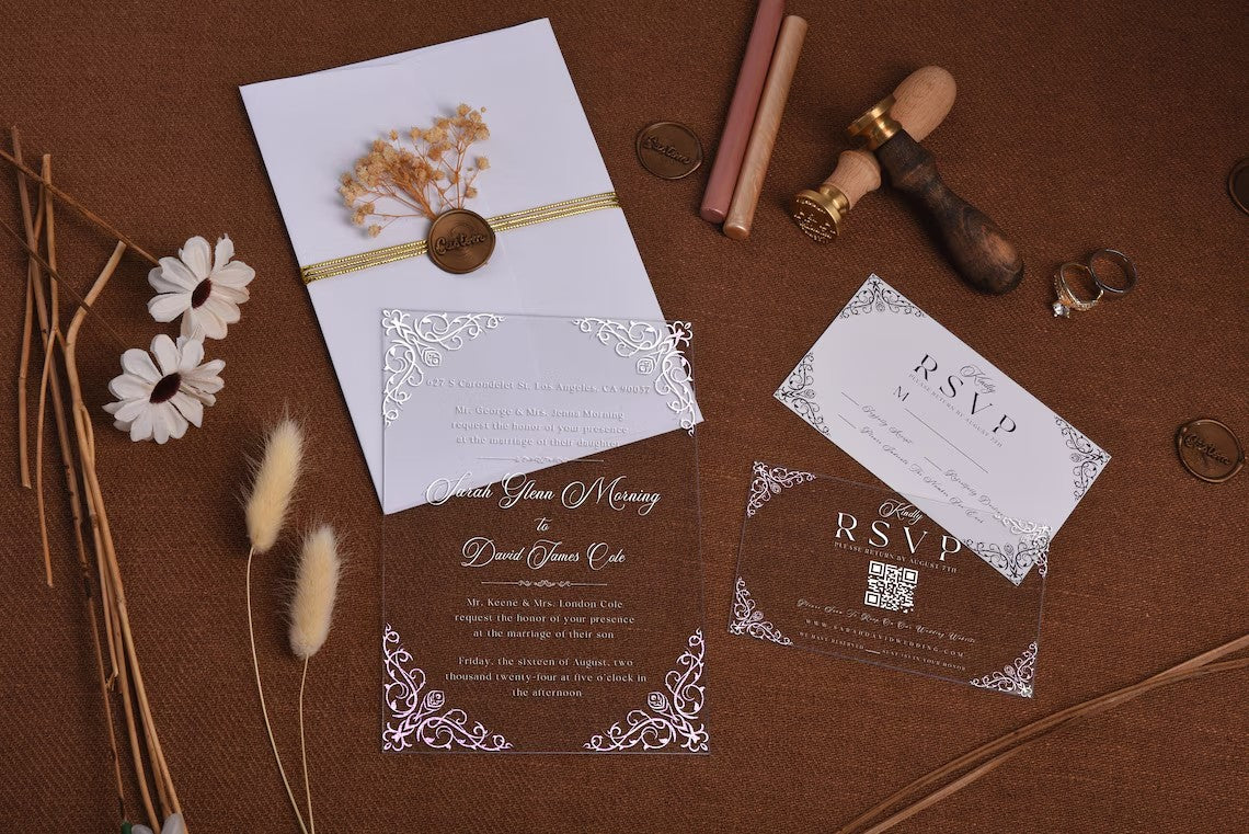 Vintage Acrylic Wedding Invitations, Gold Foil Clear Wedding Invitation with RSVP Set, Quinceanera Invitations, Custom Invitation Cambodia
