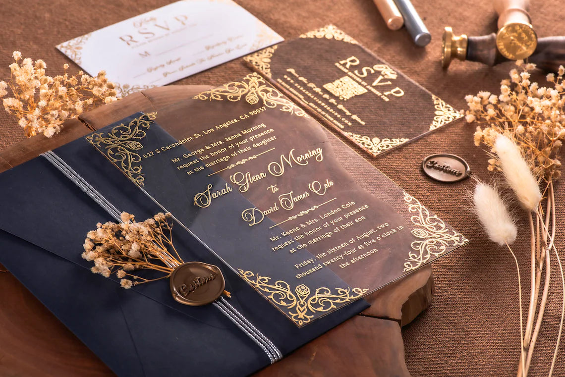 Vintage Acrylic Wedding Invitations, Gold Foil Clear Wedding Invitation with RSVP Set, Quinceanera Invitations, Custom Invitation Cambodia